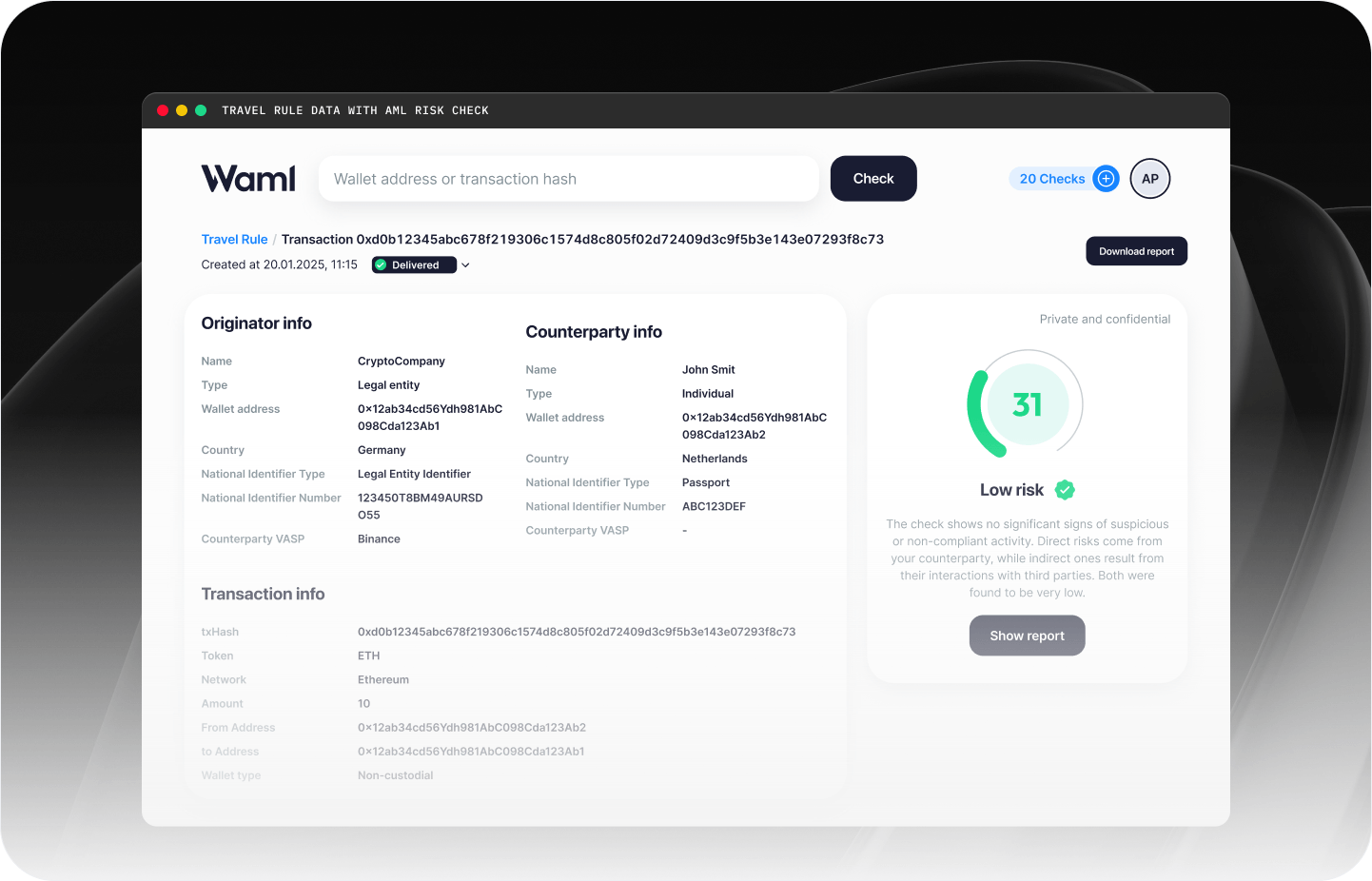 Travel Rule workflow preview showing originator, counterparty, transaction, and AML risk details.
