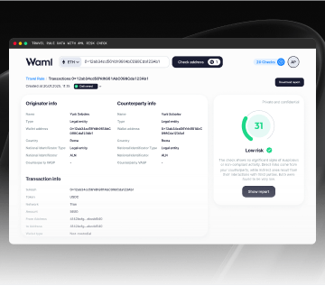 Travel Rule workflow preview showing originator, counterparty, transaction, and AML risk details.