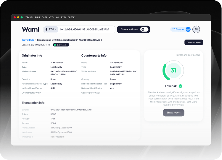 Travel Rule workflow preview showing originator, counterparty, transaction, and AML risk details.